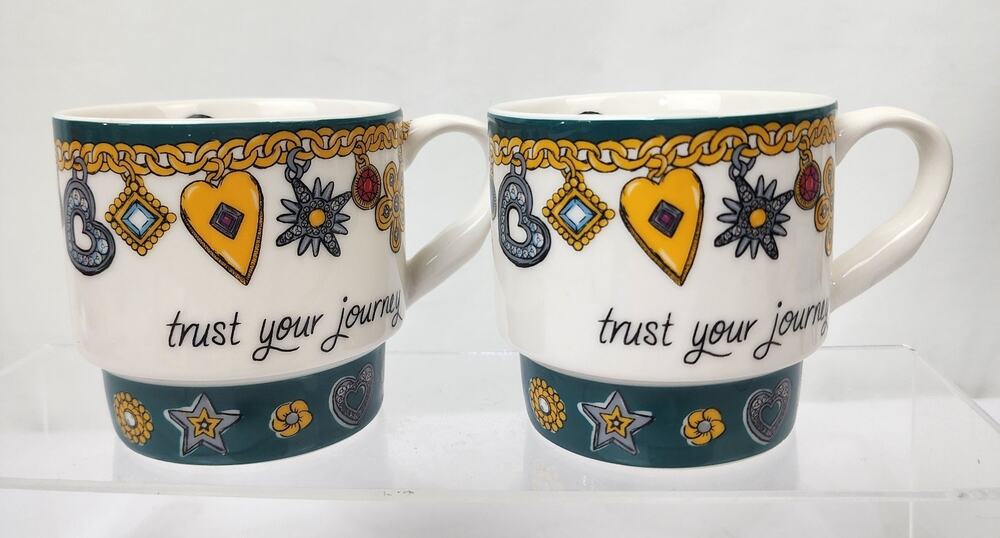 2 Brighton Stacking Coffee Tea Mugs "Trust your Journey" Teal Gold Silver Jewels
